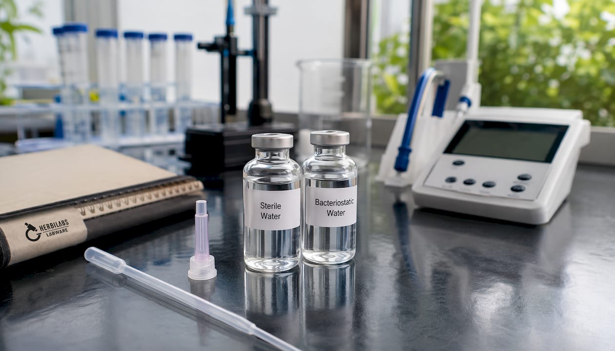 Overhead view sterile and bacteriostatic water vials