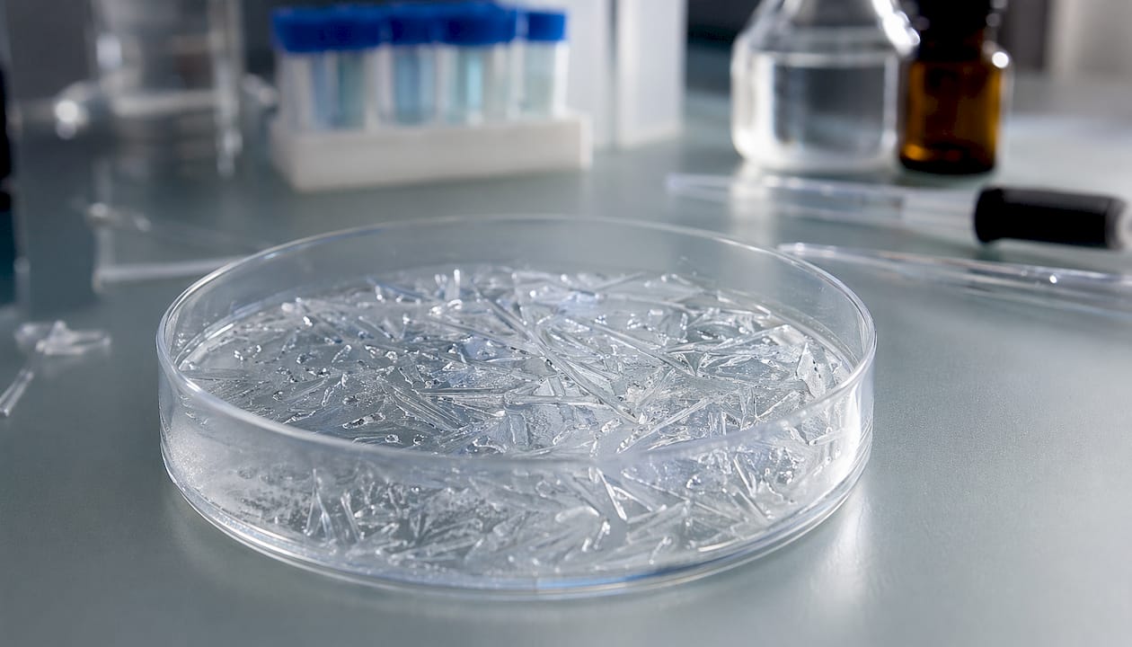 Formación de cristales de hielo en una mezcla reactiva de laboratorio