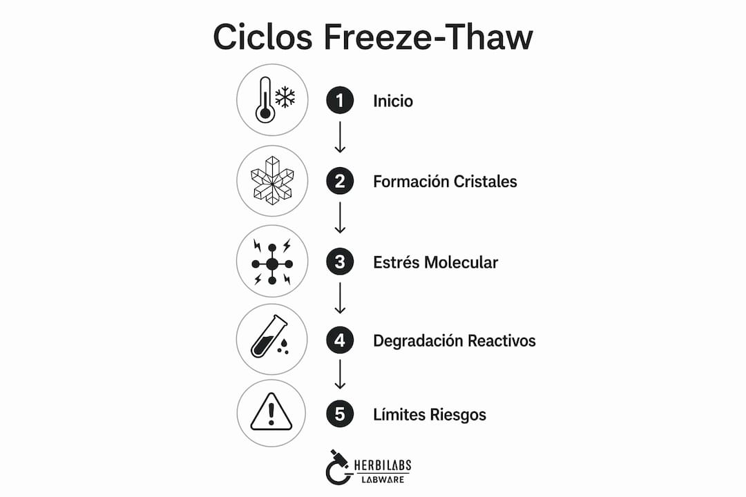 Infografía sobre las diferentes fases del ciclo de congelación y descongelación en reactivos