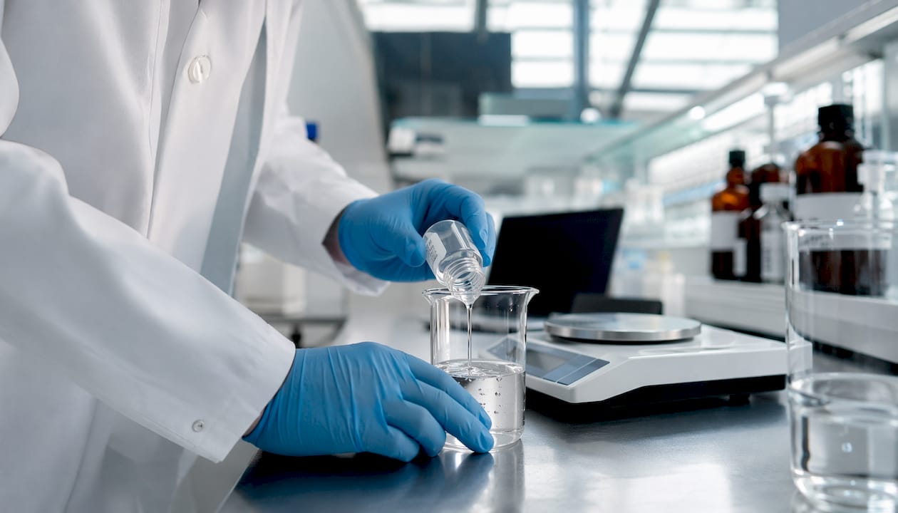 Hands holding peptide vial in water bath with lab instruments