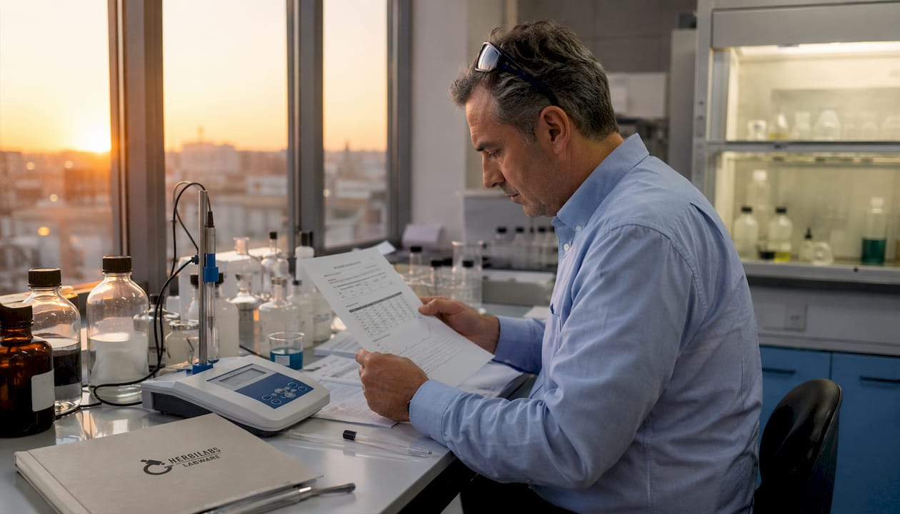El responsable del laboratorio revisa los certificados de análisis de los reactivos.