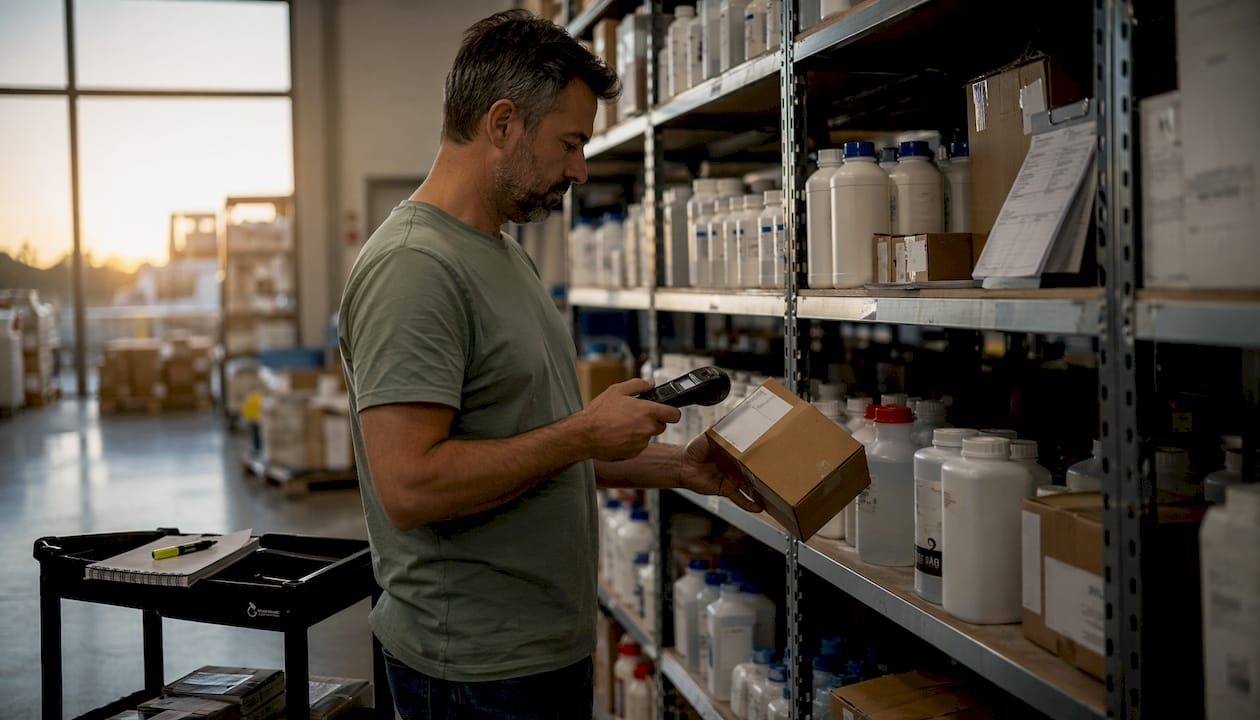 Empleado revisando el stock de reactivos