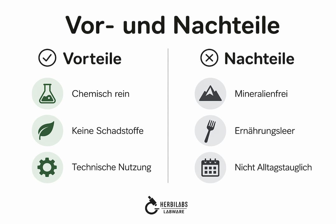 Grafik: Die wichtigsten Plus- und Minuspunkte von destilliertem Wasser auf einen Blick