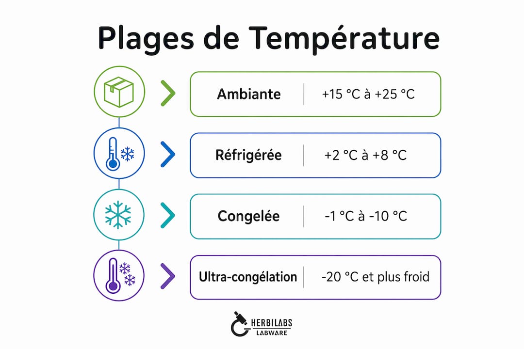 Présentation graphique des plages de températures recommandées pour la conservation des réactifs stériles
