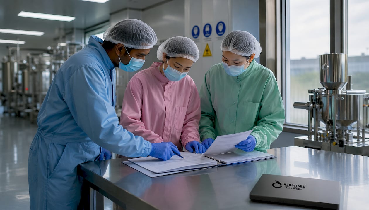 Technicians in pharmaceutical cleanroom reviewing documents