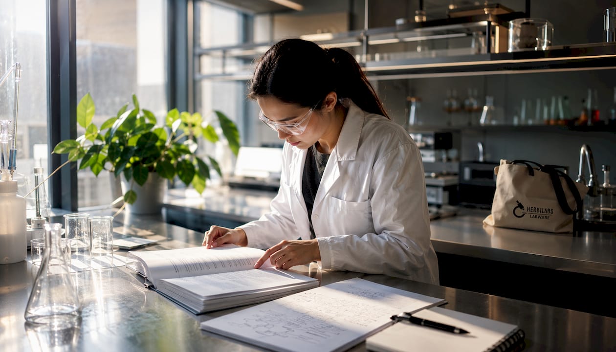 Hands reviewing chemical grade comparison manual