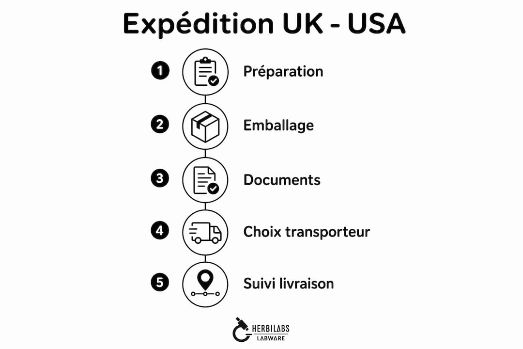 Schéma du parcours d’un colis entre le Royaume-Uni et les États-Unis