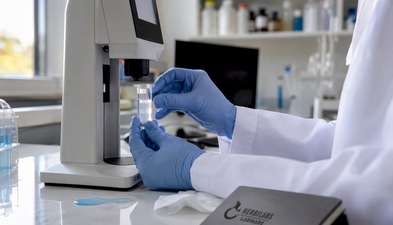 Close-up of hands with cuvette in turbidity meter