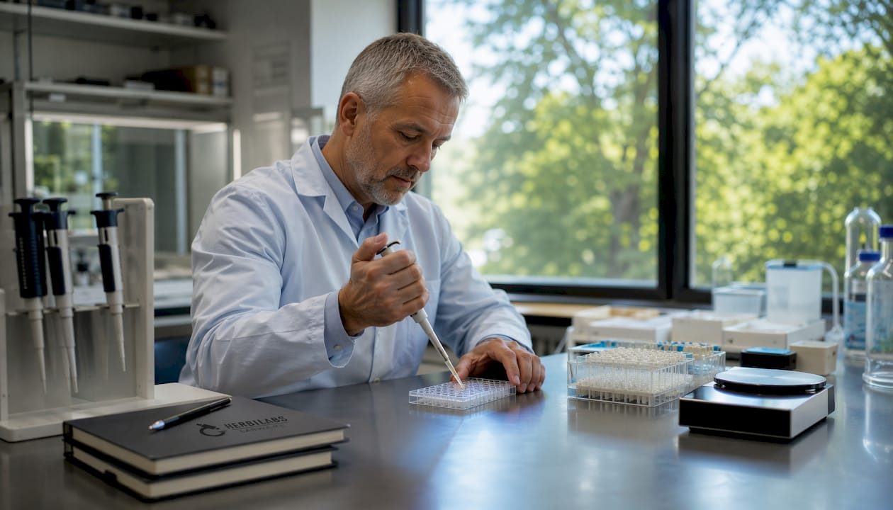 Scientist pipetting microplate for rFC assay
