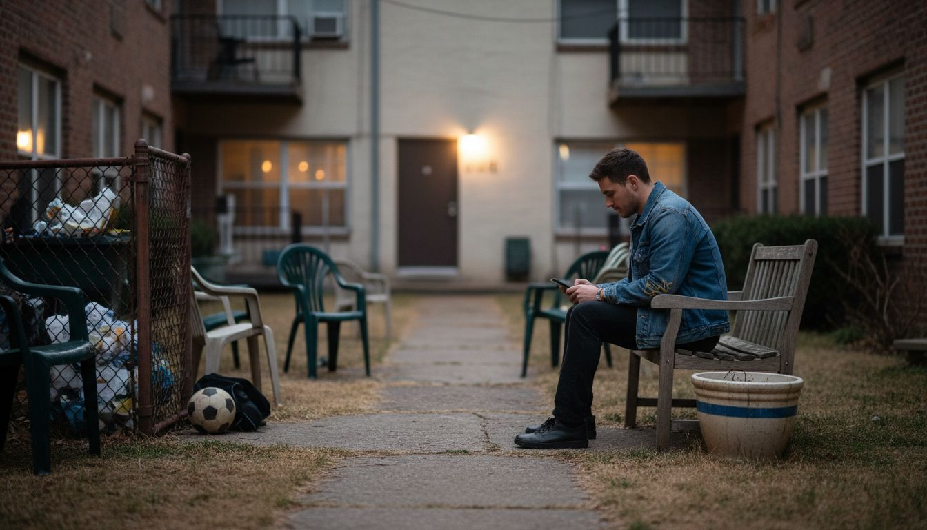 Man sitting in apartment building courtyard