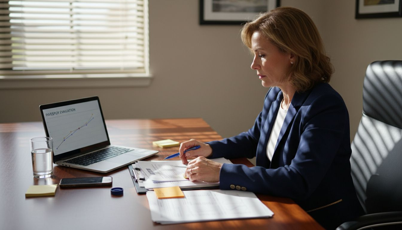 Woman assessing investor files at desk