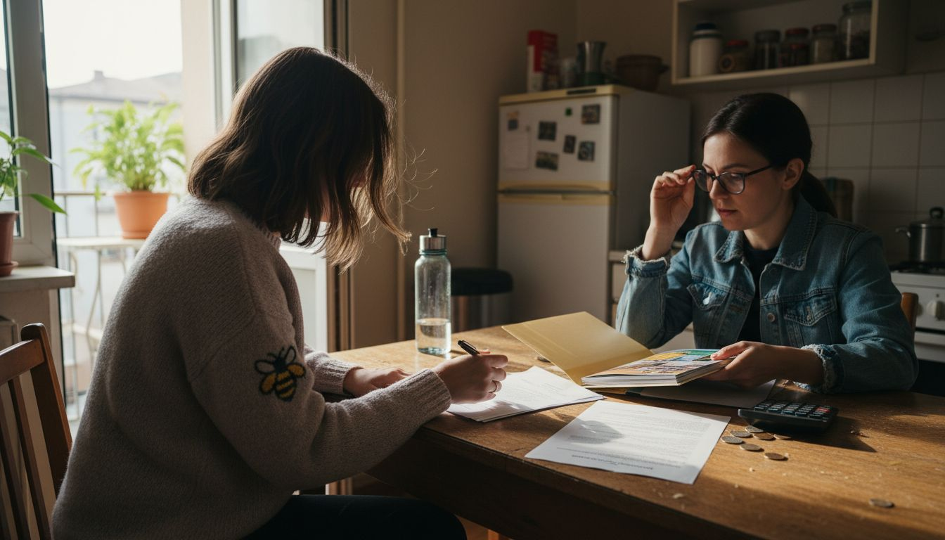 Women reviewing real estate paperwork in apartment