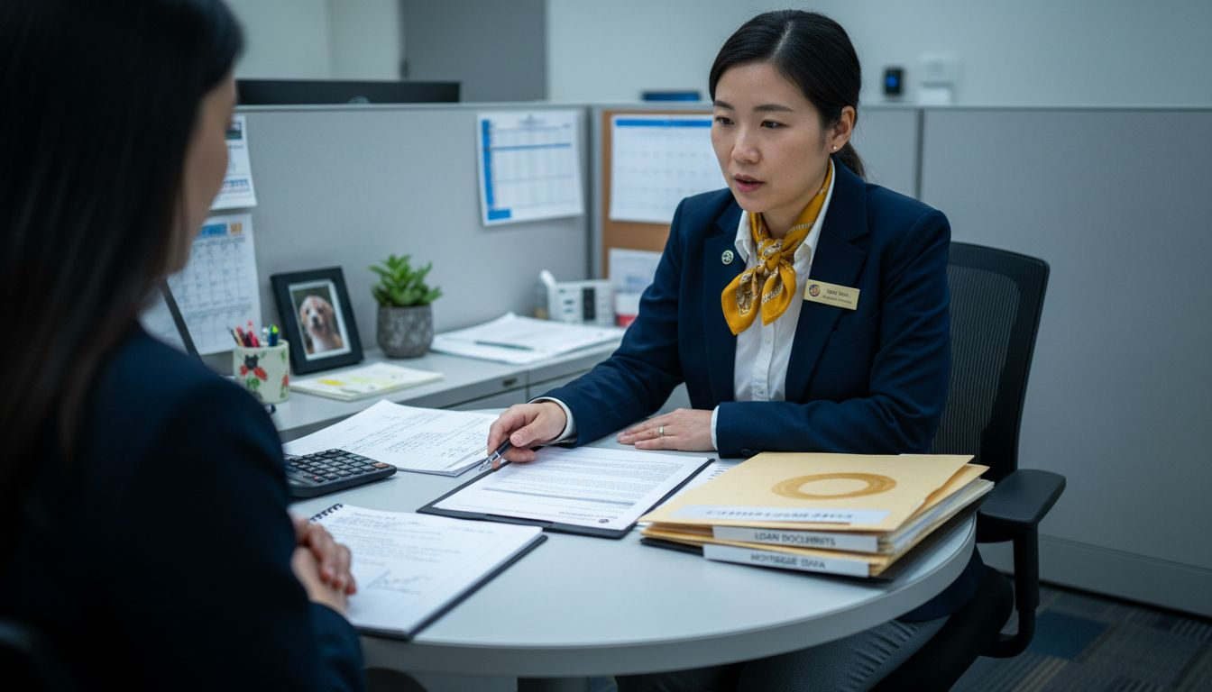 Loan officer discusses documents with client
