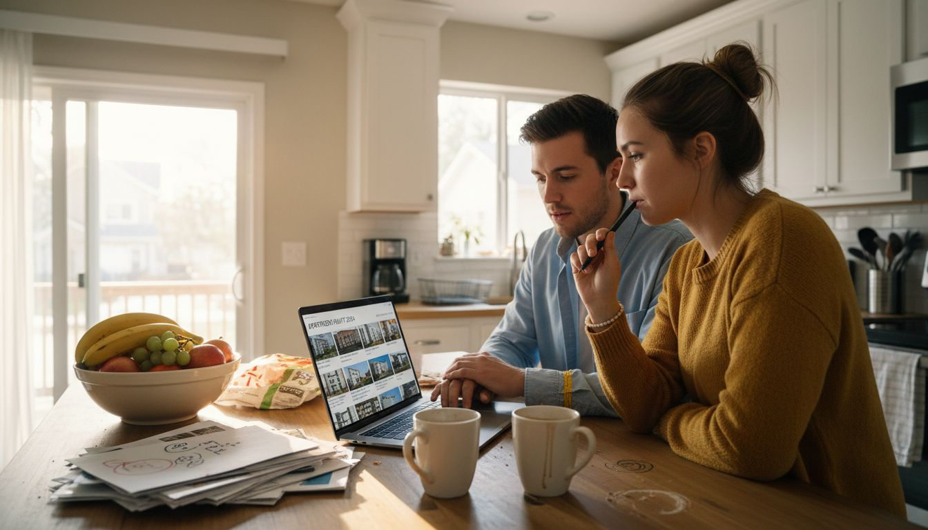 Couple researching property types at kitchen