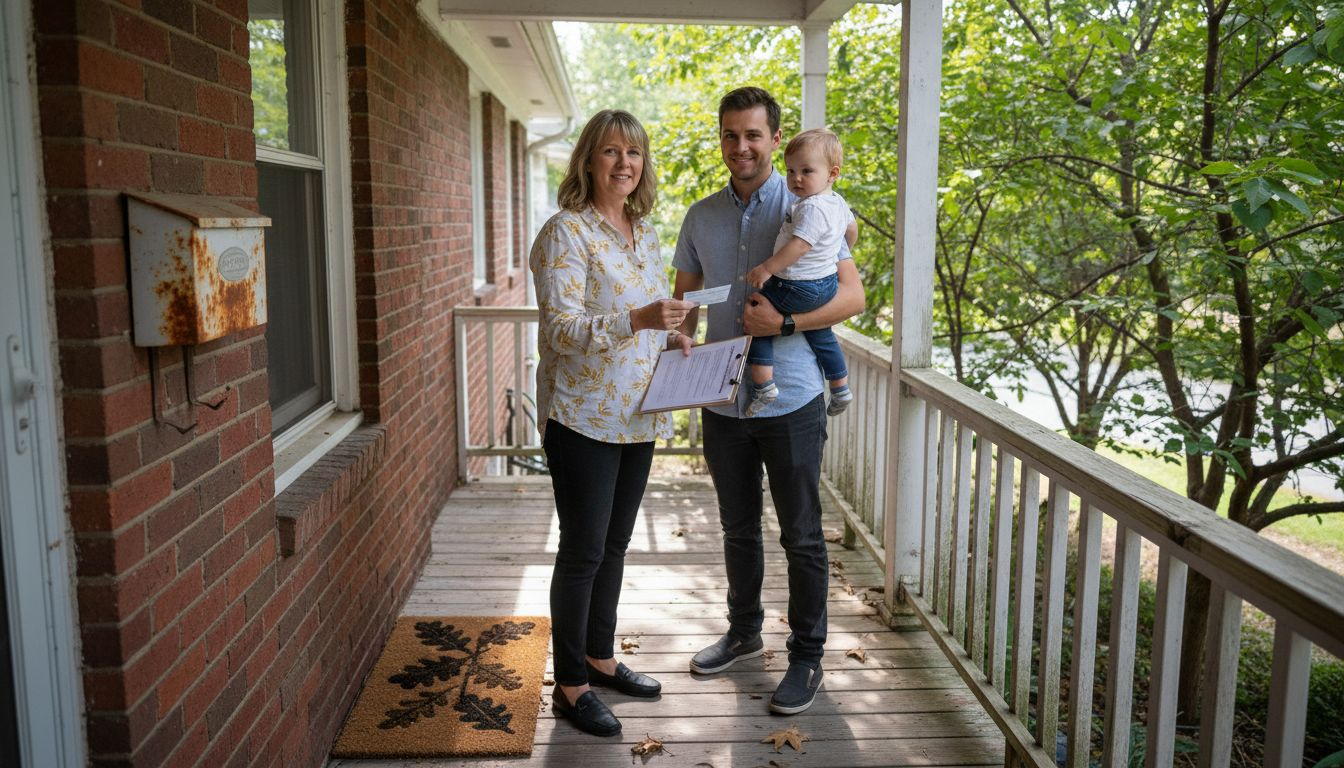 Landlord collects rent check from tenant on porch