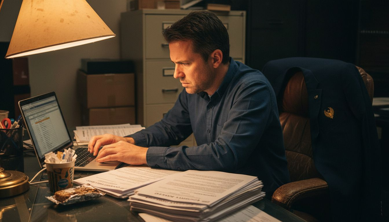 Agent working on real estate paperwork at night