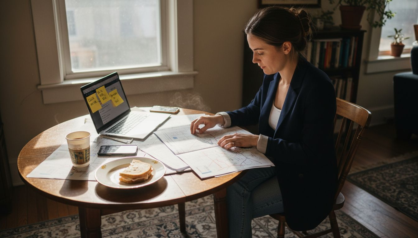 Woman comparing maps and reports for real estate market research