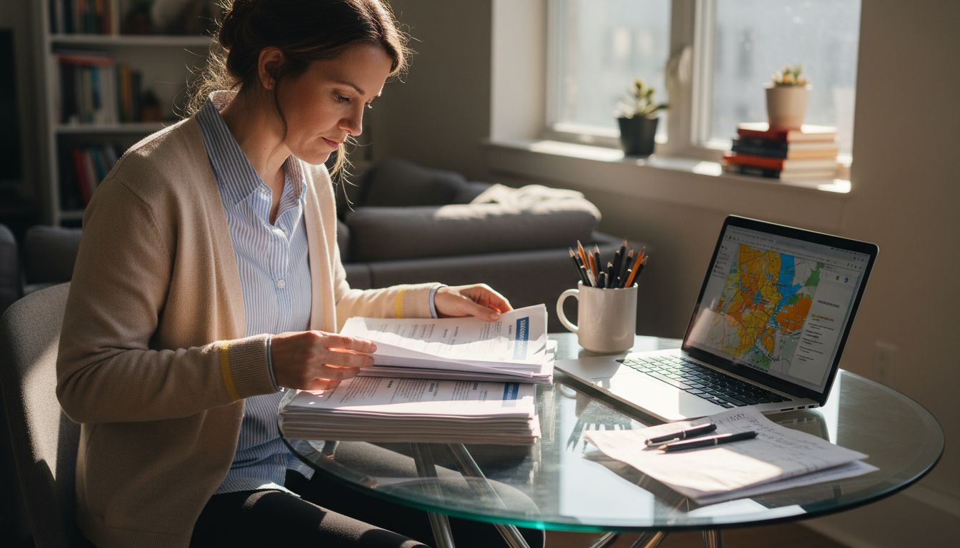 Woman comparing regional property values at table