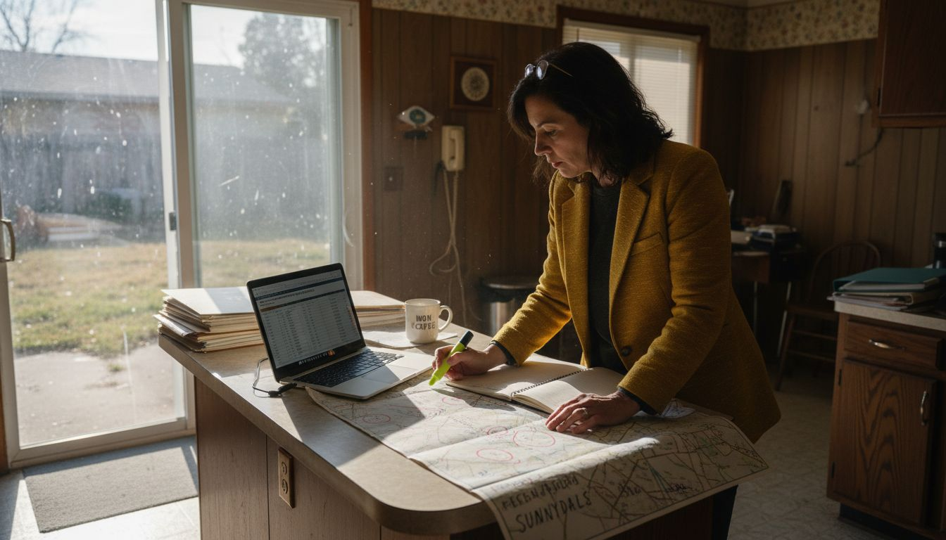 Agent analyzing deal paperwork in dated kitchen