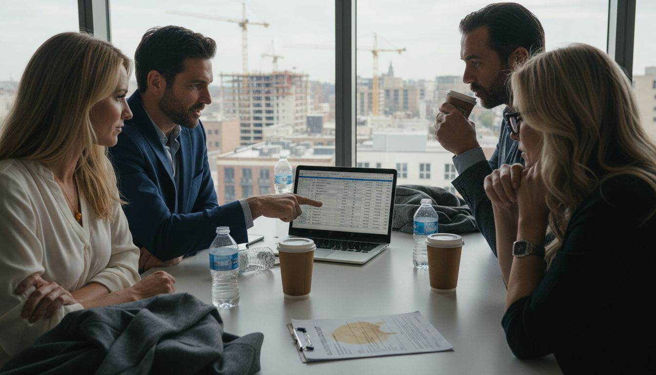 Investors collaborating at downtown office desk