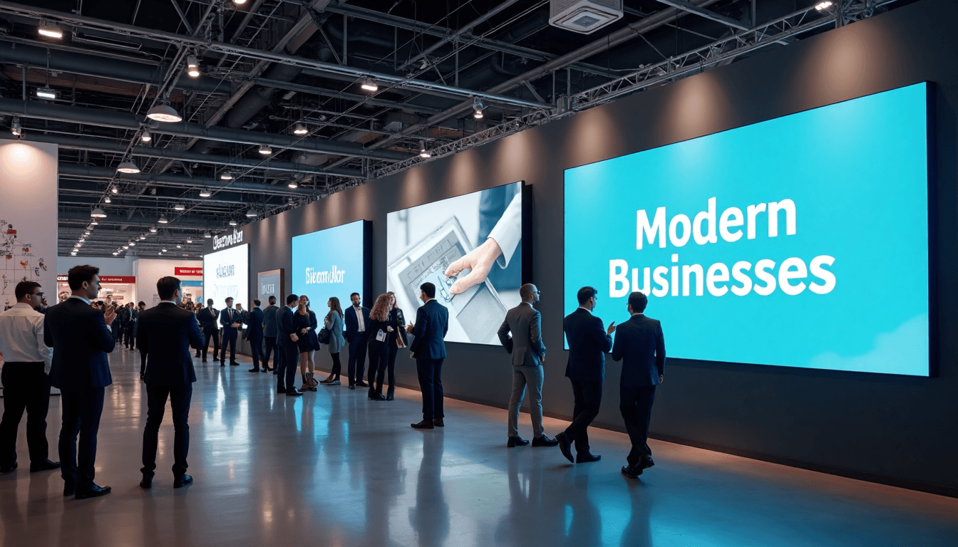 Trade show visitors interacting with modular digital signage wall