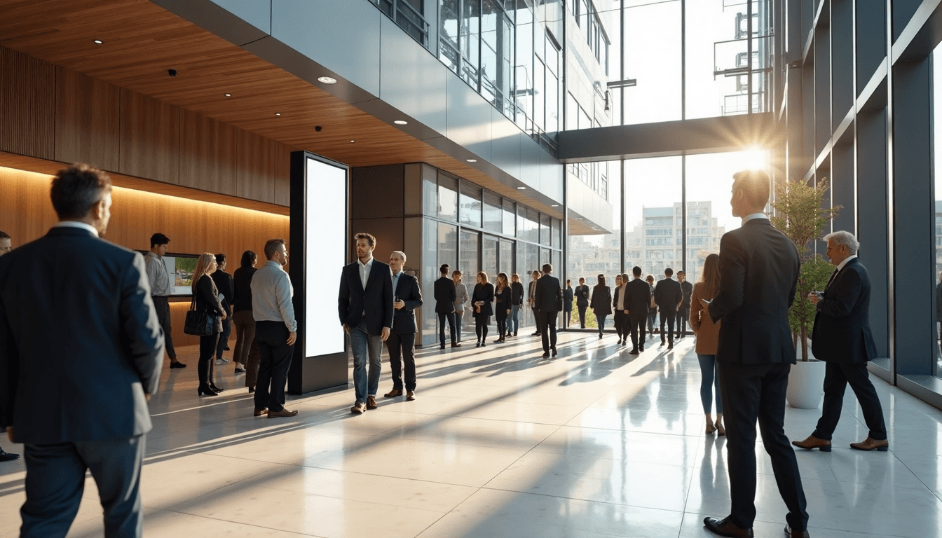 Busy London event lobby with digital welcome signage and attendees