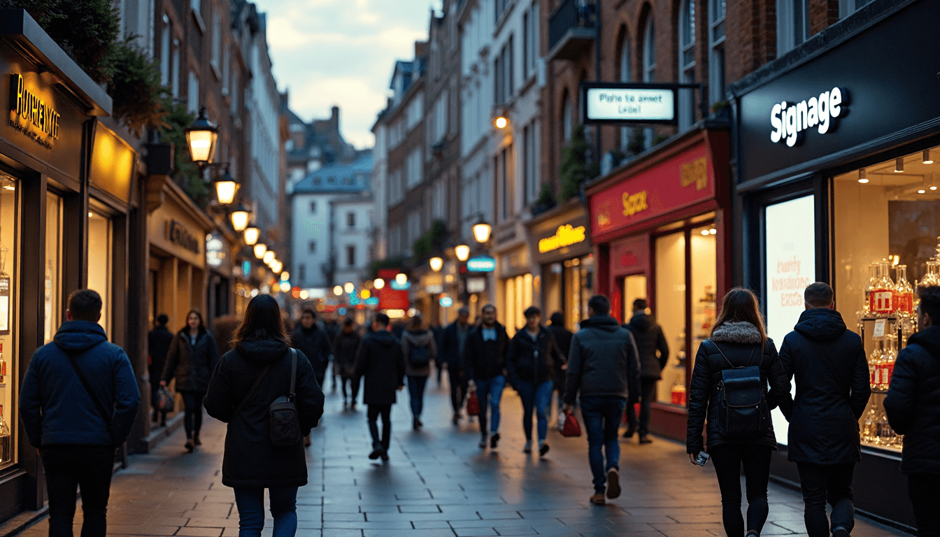 Busy London street with illuminated business signage at dusk