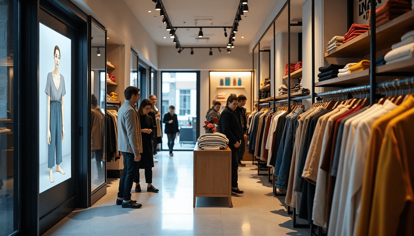Boutique shop with shoppers and digital signage for branding
