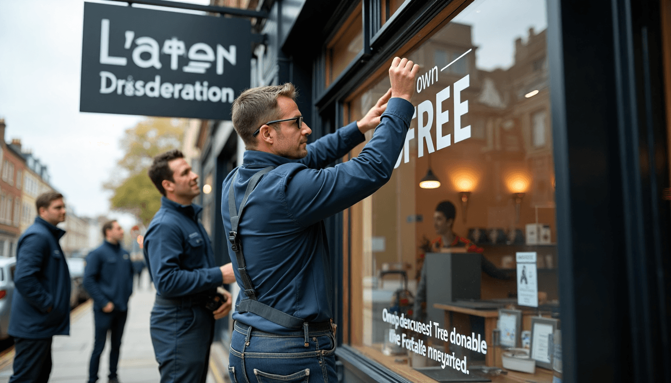 Sign installers mounting eco-friendly sign on London shop, design text overlay