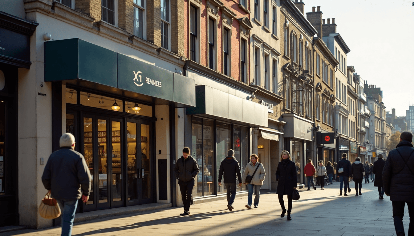 London high street with diverse shopfront signage and compliance text on glass