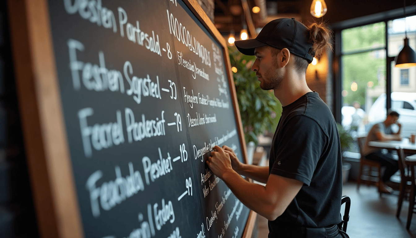 Restaurant staff updating chalkboard menu with signage design text