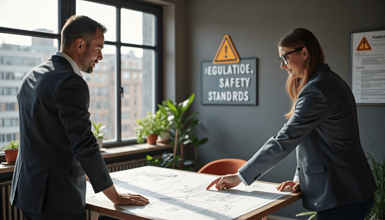 Professional workspace with signage plan and wall-mounted safety sign