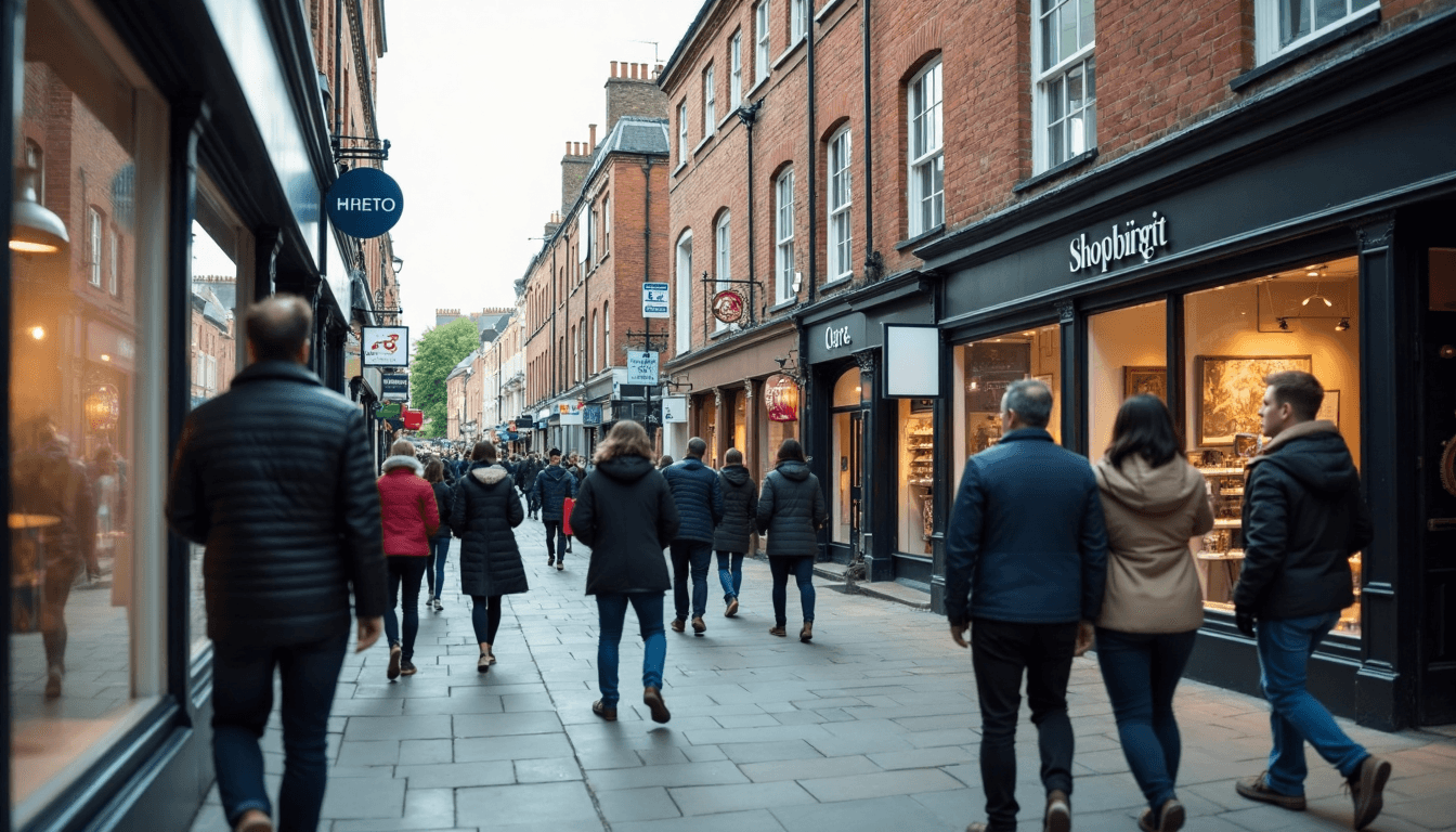 UK high street with digital shop signage and business owners outdoors