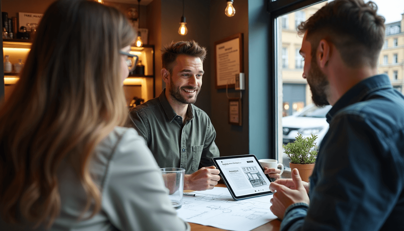 Café scene with signage consultant and business owner reviewing digital shop sign strategy