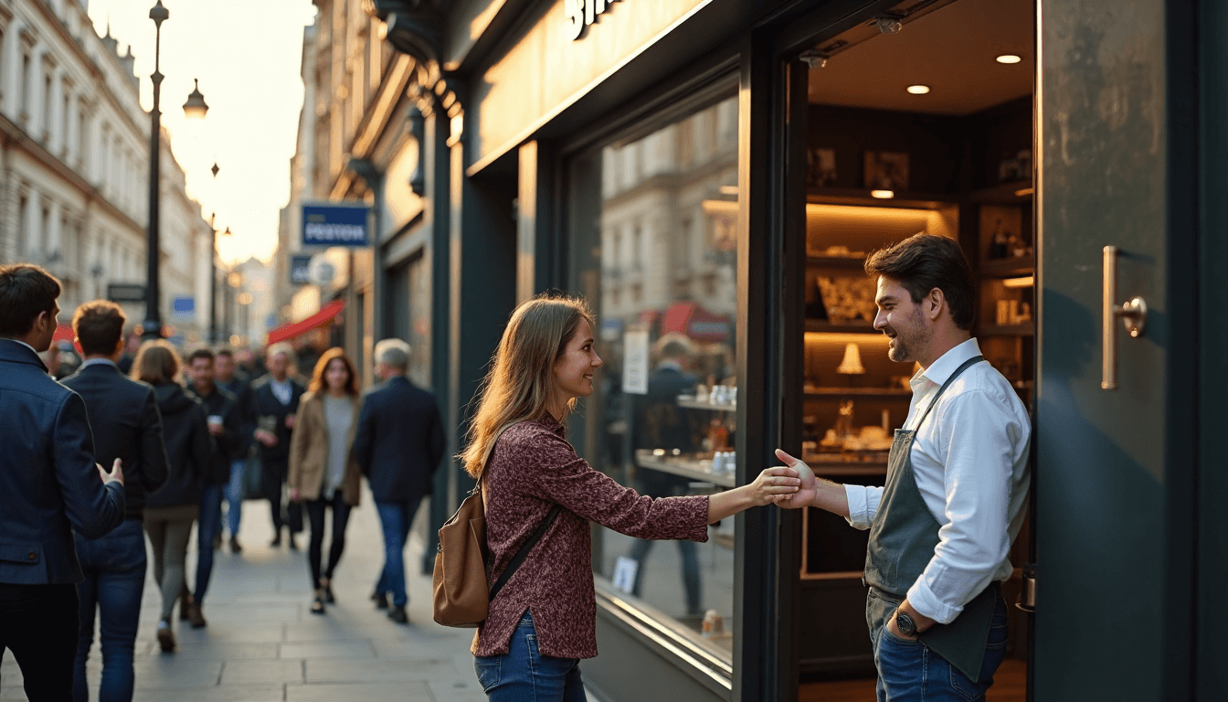 London high street storefront with welcoming sign and people entering