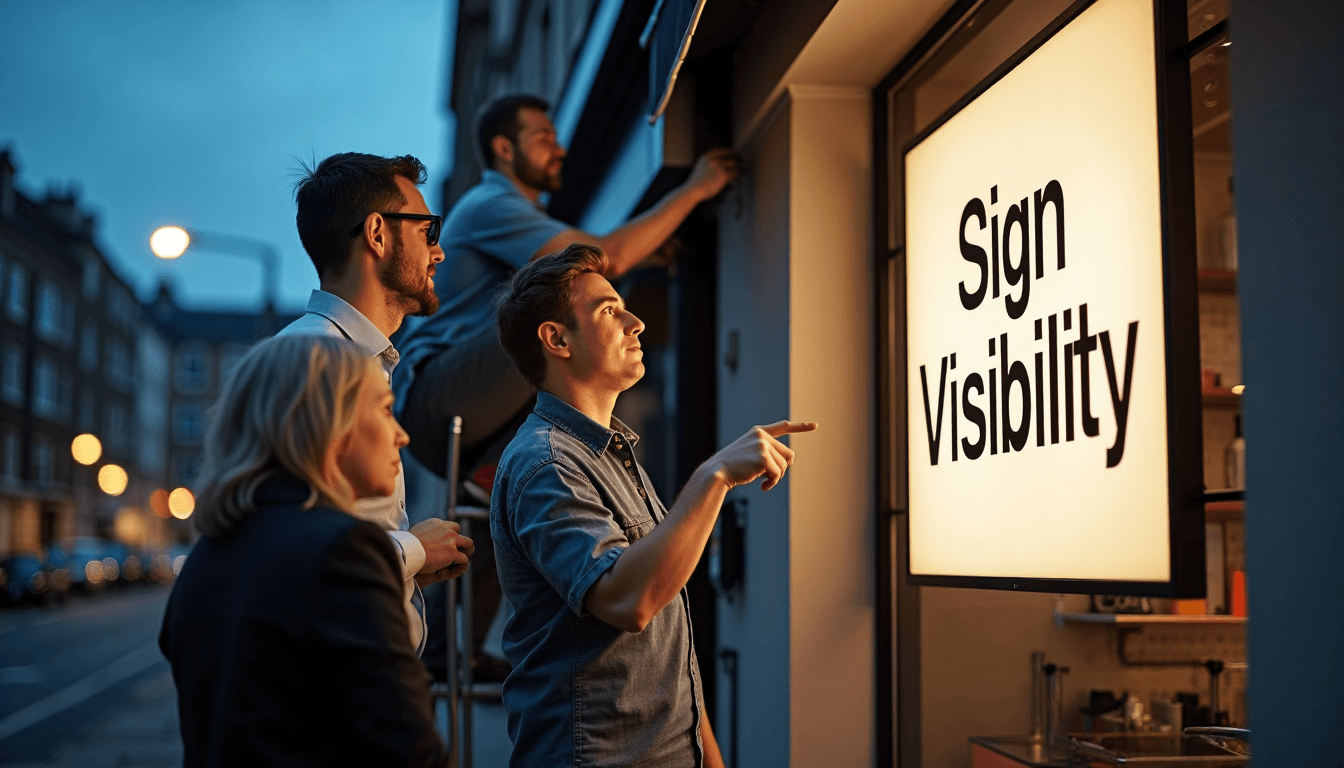 Installer and owner adjusting LED shop sign at dusk