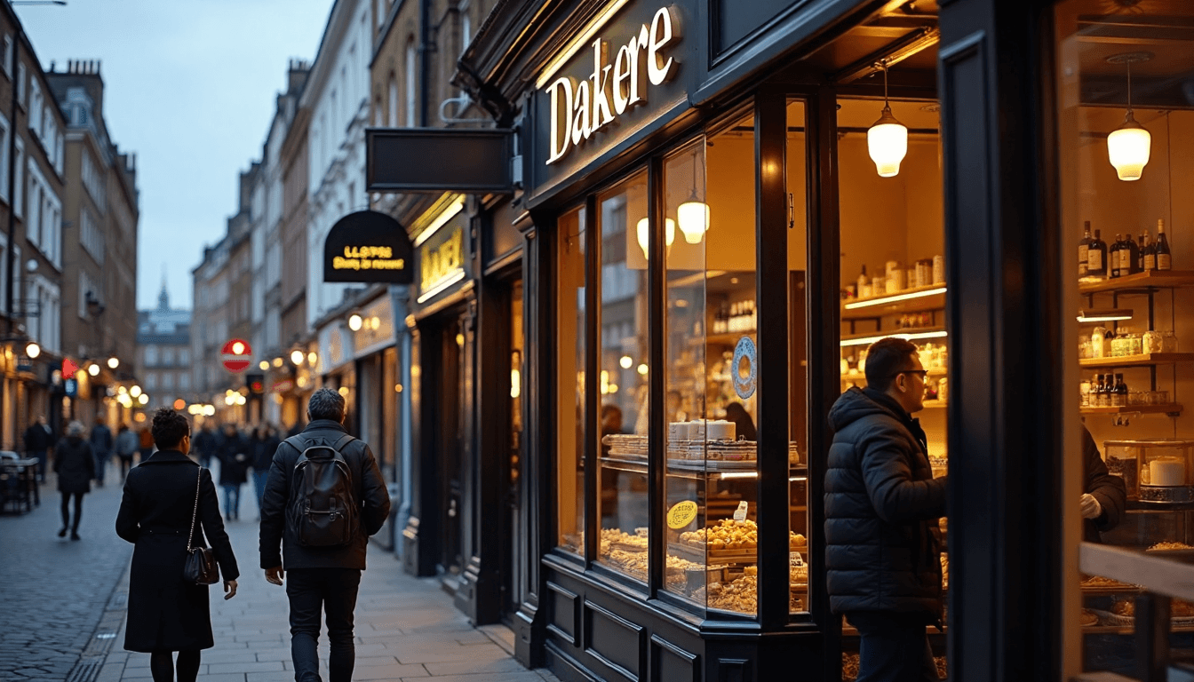 Realistic London street scene with illuminated bakery sign