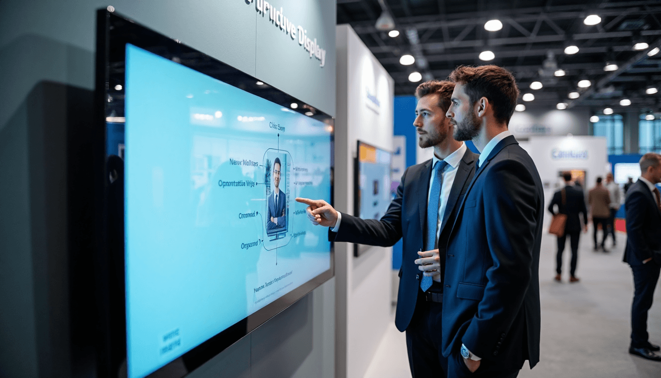 Professionals engaging with interactive digital signage and QR codes