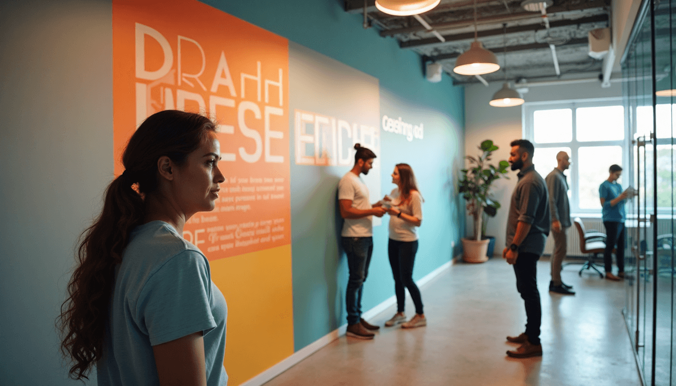 Office staff applying vinyl wall and glass graphics for branding