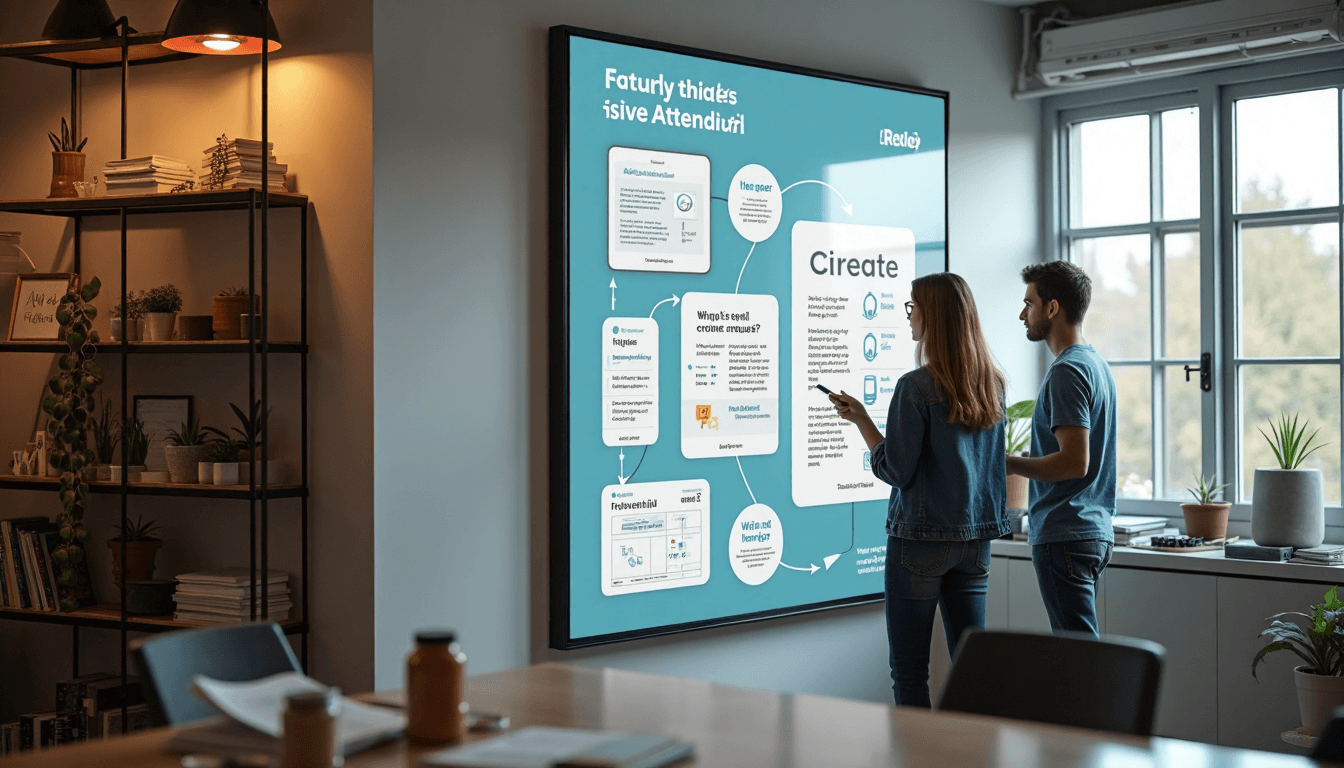 Designers review signage mock-up showing visual hierarchy principles