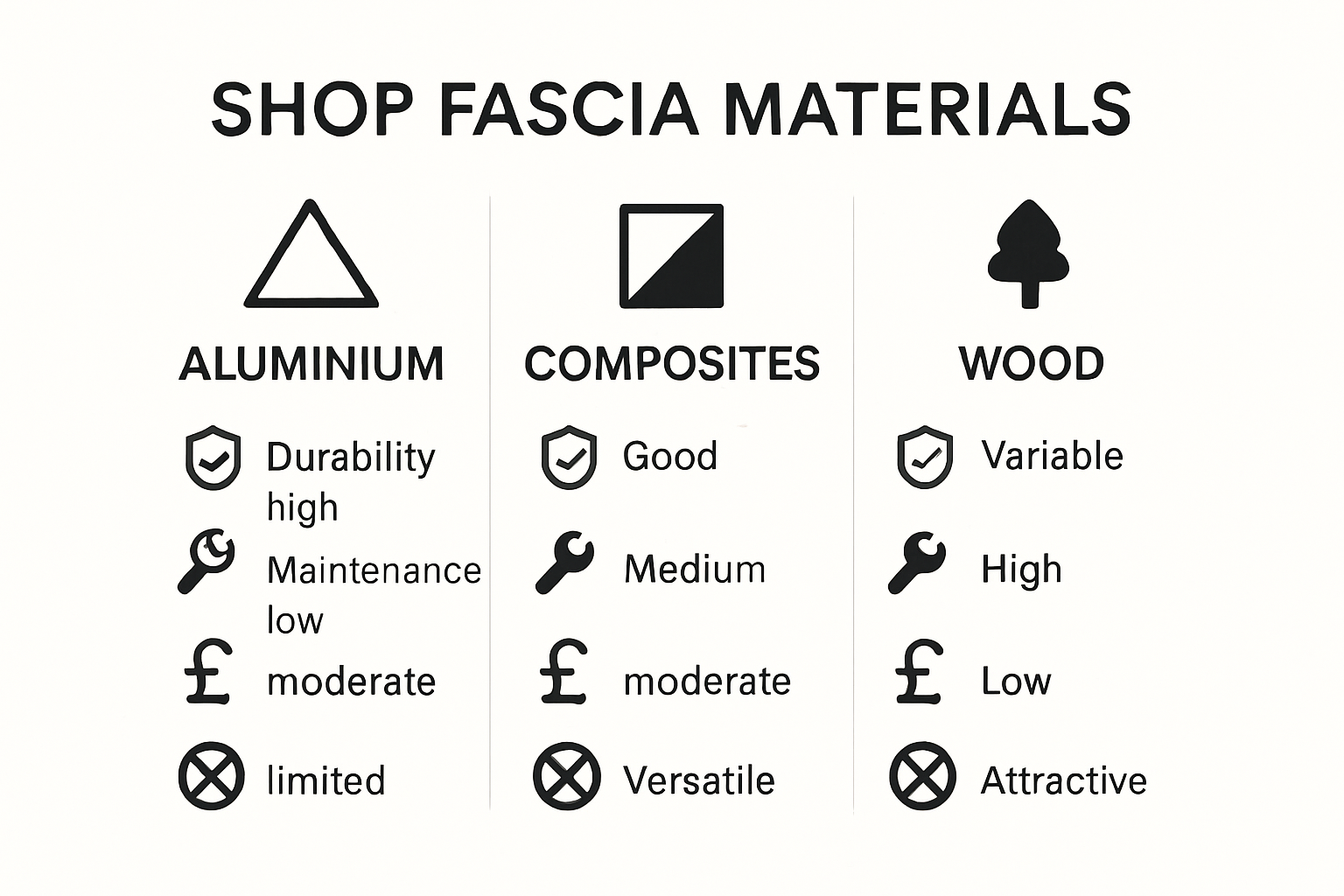 Comparison of shop fascia materials: aluminium, composite, wood