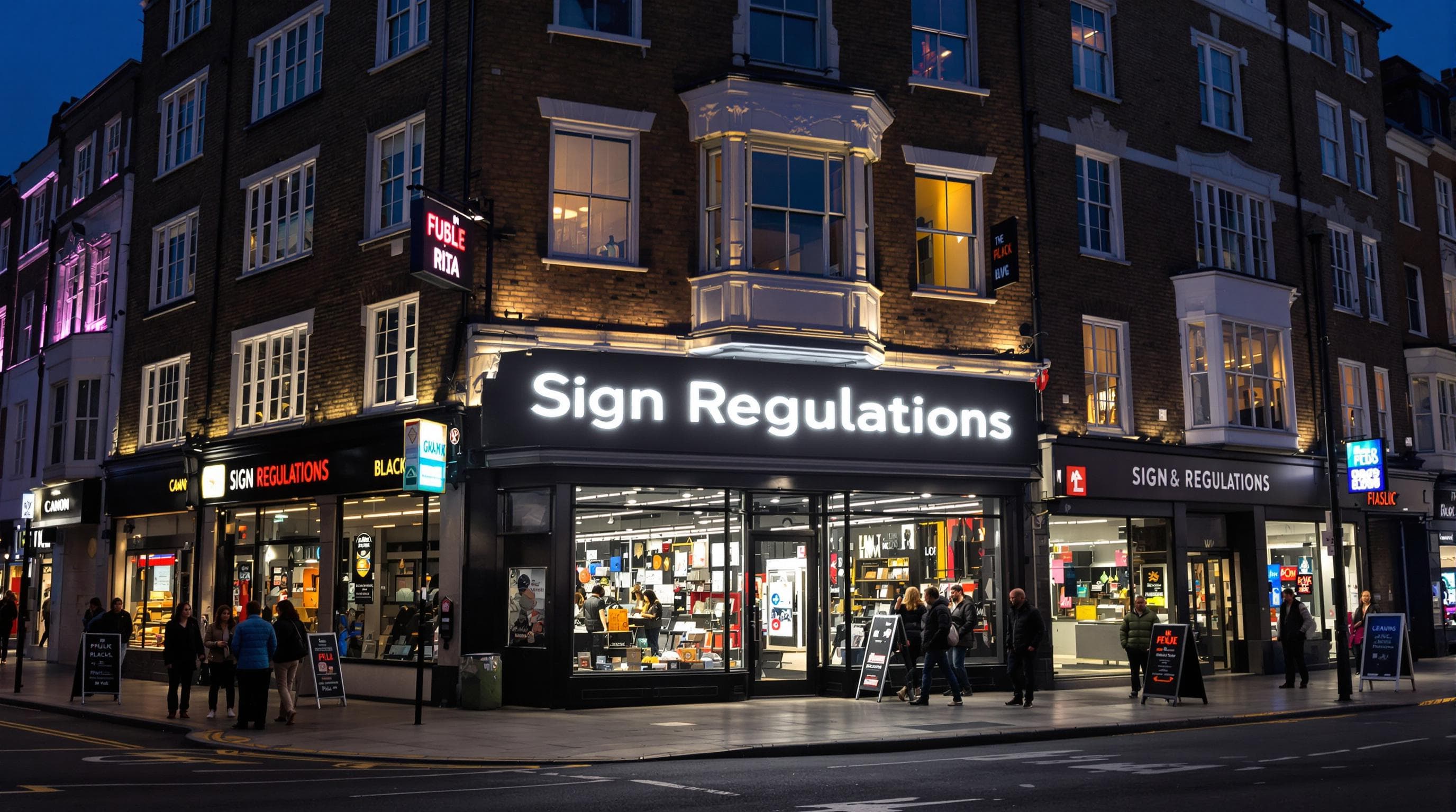 London street scene with businesses and illuminated signs at dusk