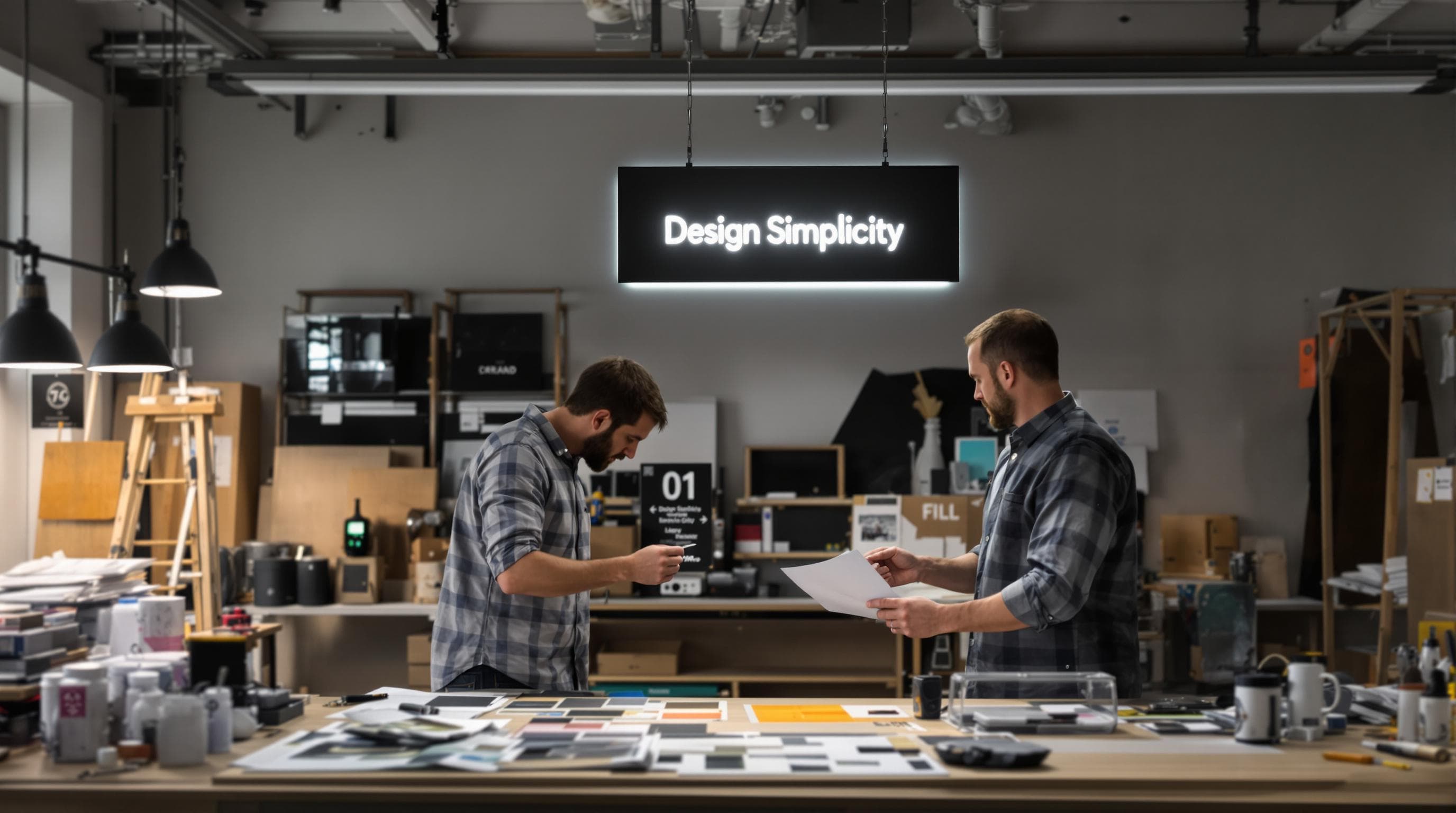 Designers reviewing sign mockups and colour swatches in a studio