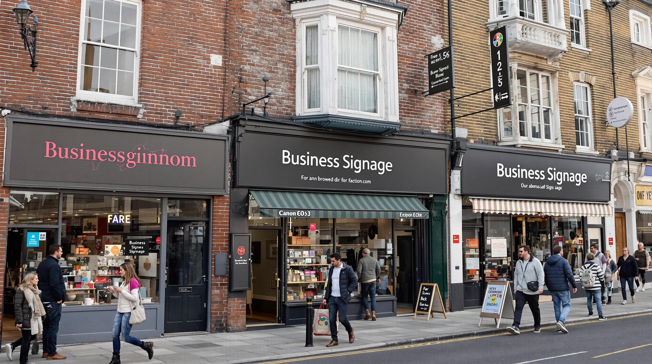 London shops with varied signs and people on high street