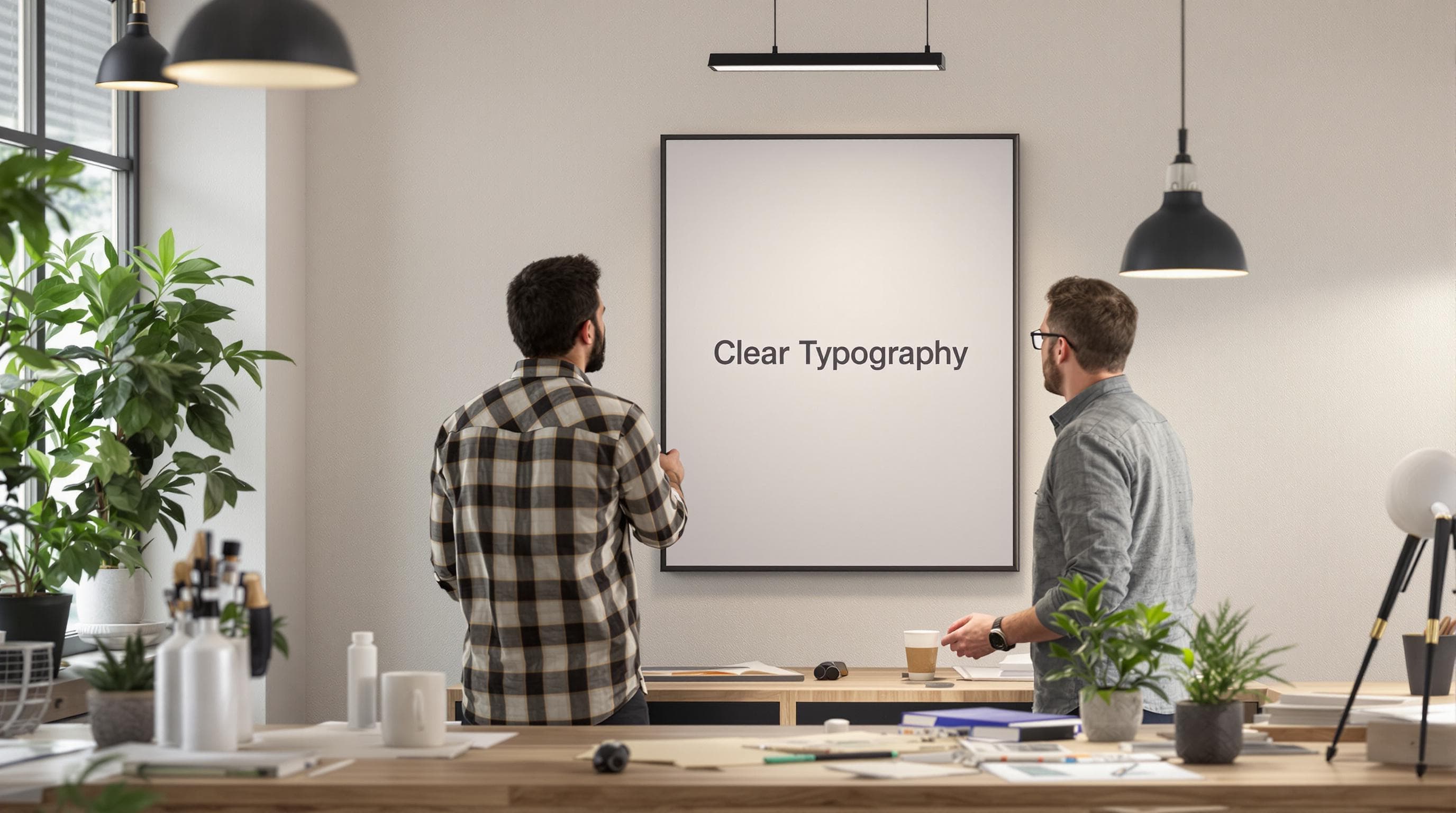 Designers reviewing signage mockup for typography and clarity