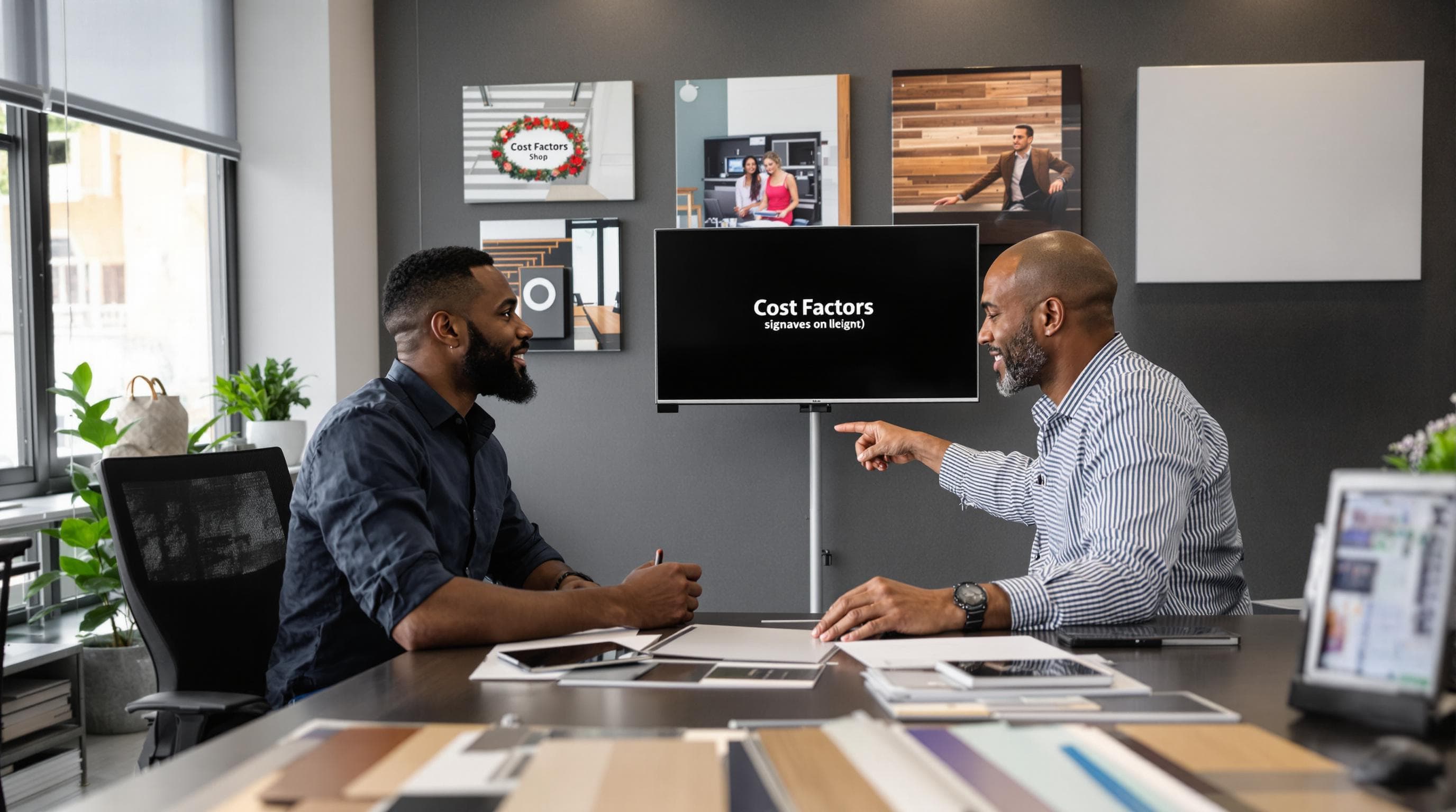 Business owners review signage materials with designer at studio
