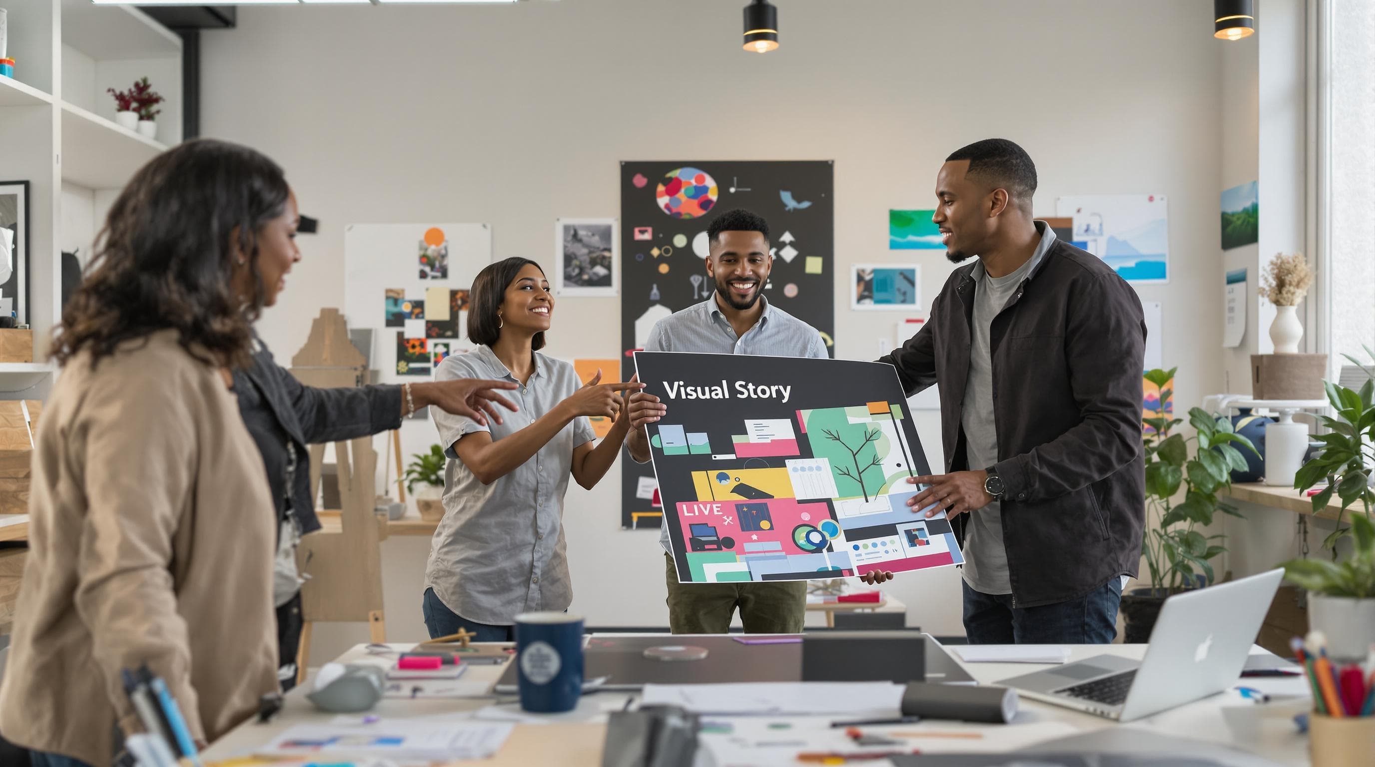 Design team reviewing narrative window graphic sample in studio