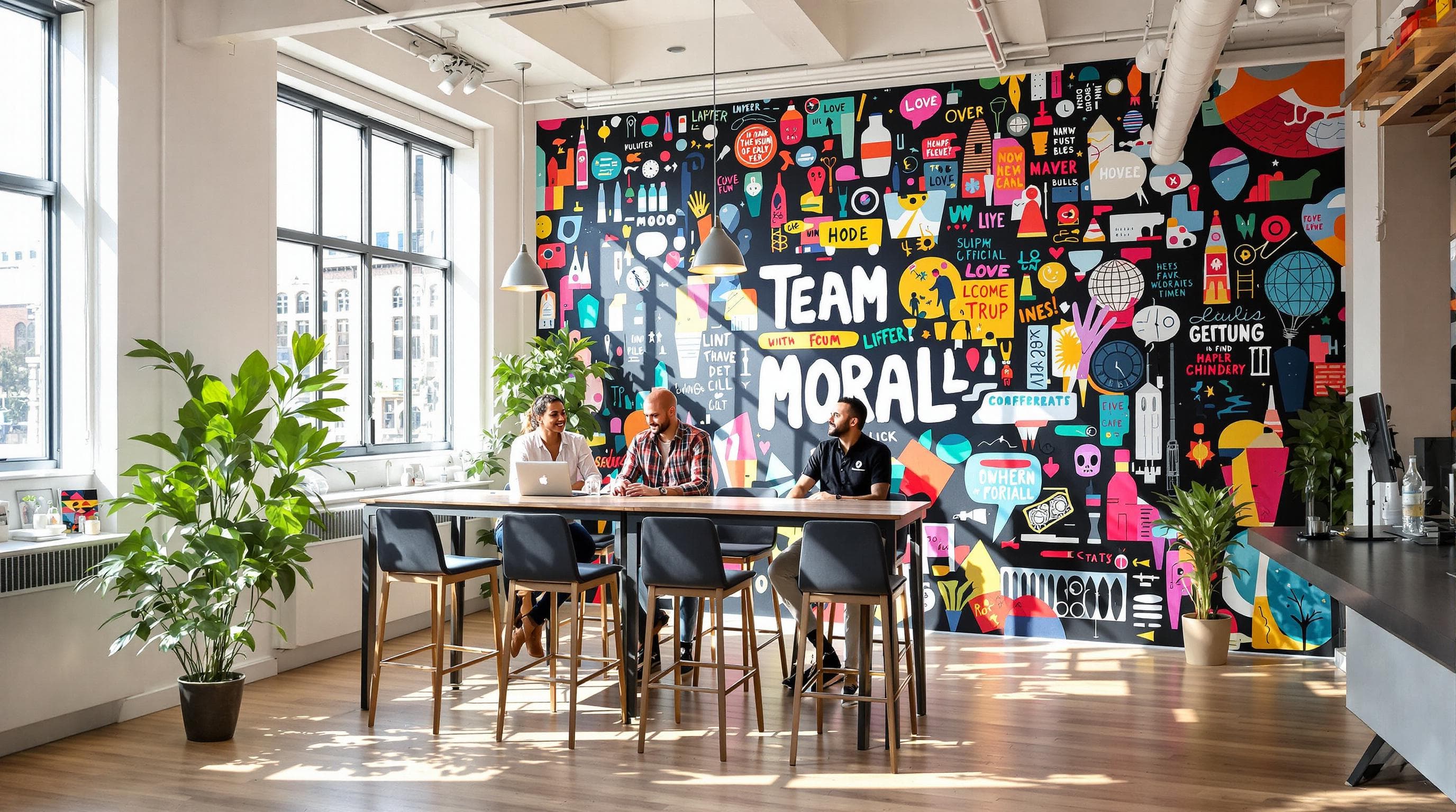 London office space with branded mural and employees collaborating