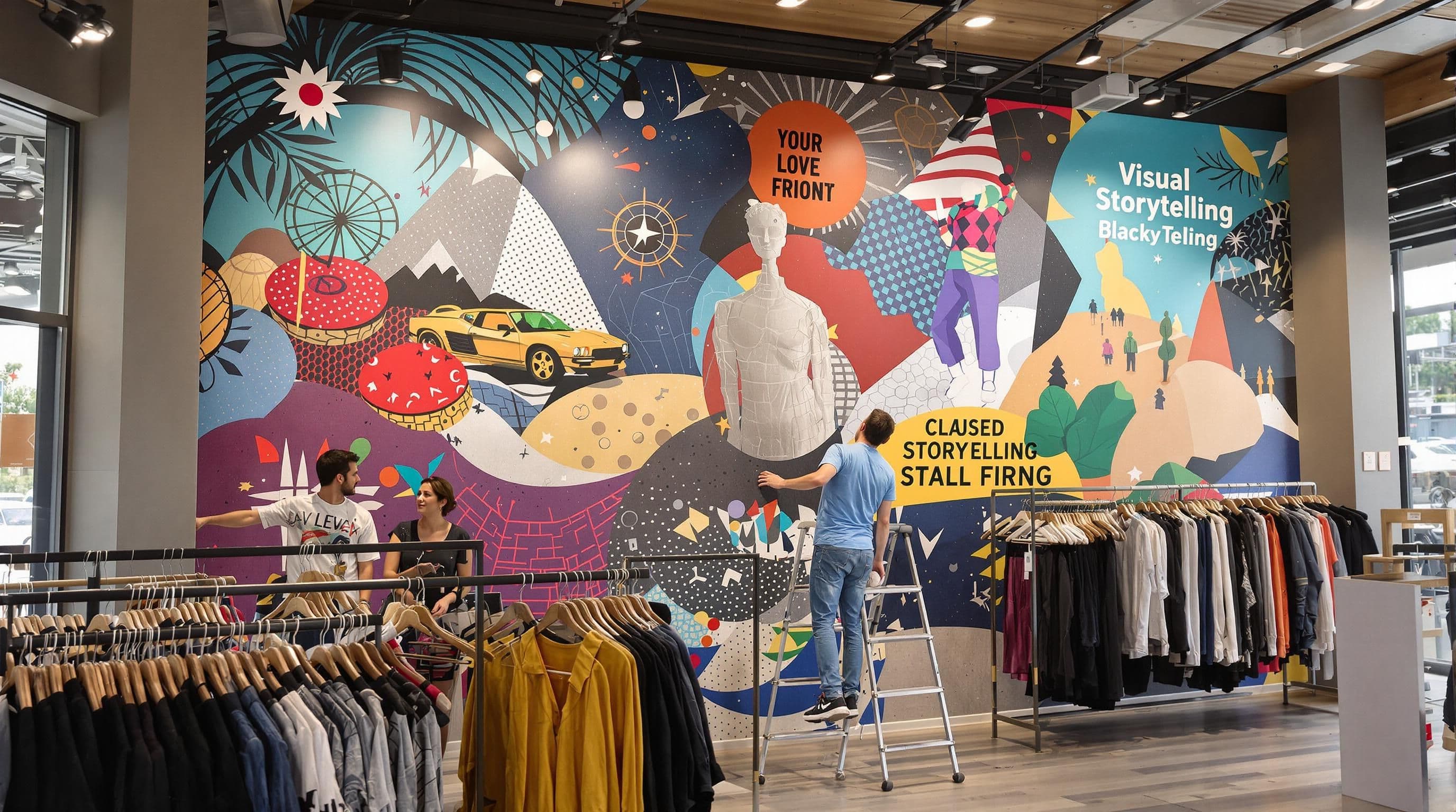 Retail staff installing wall mural graphic inside store with customer browsing
