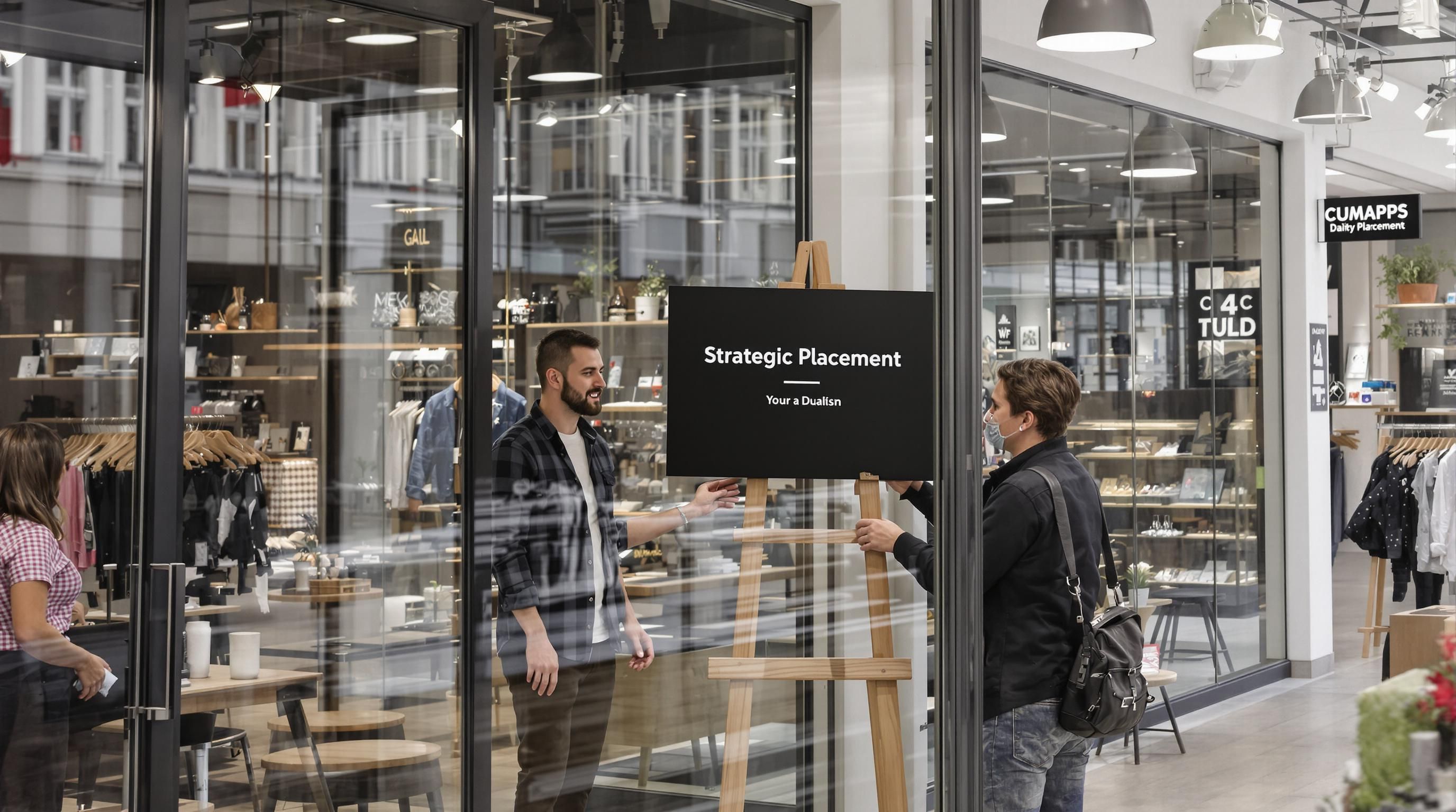 Retail consultant and owner placing sign at key storefront area